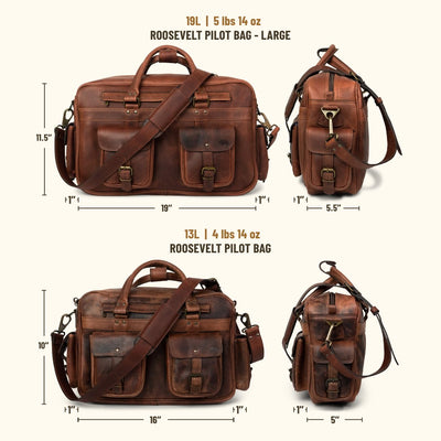 The Roosevelt Buffalo Leather Pilot Bag - Large is a full-grain water buffalo leather bag built for travel, work, and everyday carry.

Specifications

Exterior dimensions: 19 inches long, 5.5 inches wide, 11.5 inches high. Laptop sleeve dimensions: 15.5 inches long, 8.5 inches wide. Laptop compatibility: fits most 17-inch laptops. Shoulder strap length: 61 inches fully extended, 49 inches at shortest setting. Exterior pocket depth: 1 inch. Total weight: 5 pounds 14 ounces (5.88 lbs / 2.67 kg). Material: ful